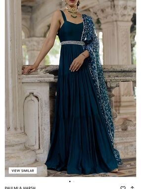 Sleeveless Deep Teal Tiered Maxi Dress with Printed Dupatta